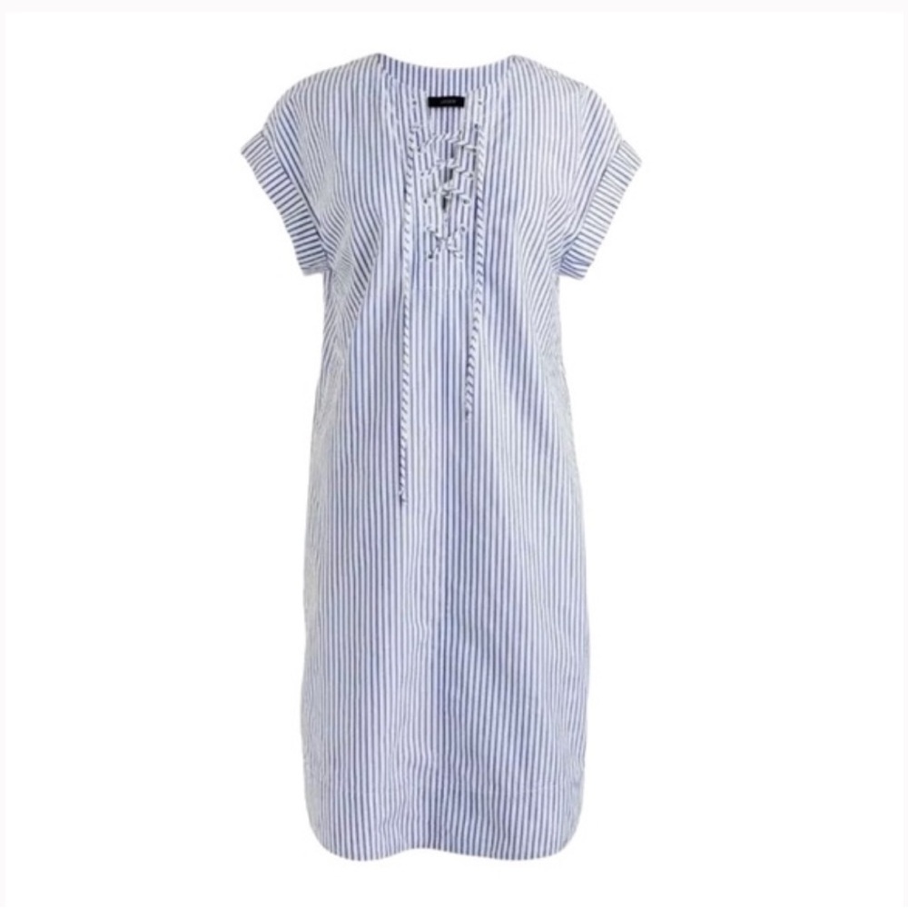 J. Crew Lace Up Striped Shirt Dress Blue White Large